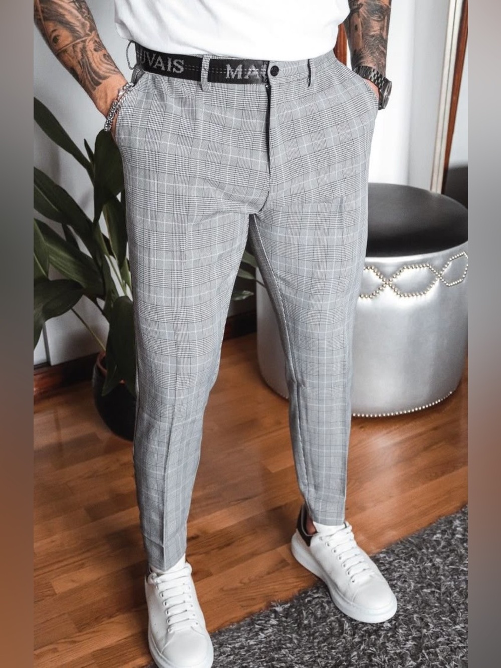 Mauvais half belt houndstooth plaid pants Size 38 NWOT